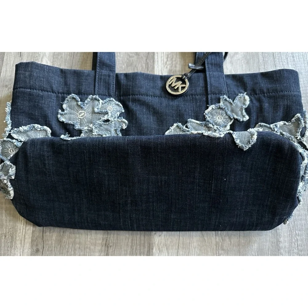 Michael Kors Denim Floral Appliqué Tote Bag Large Blue MK Shoulder Bag***RARE***